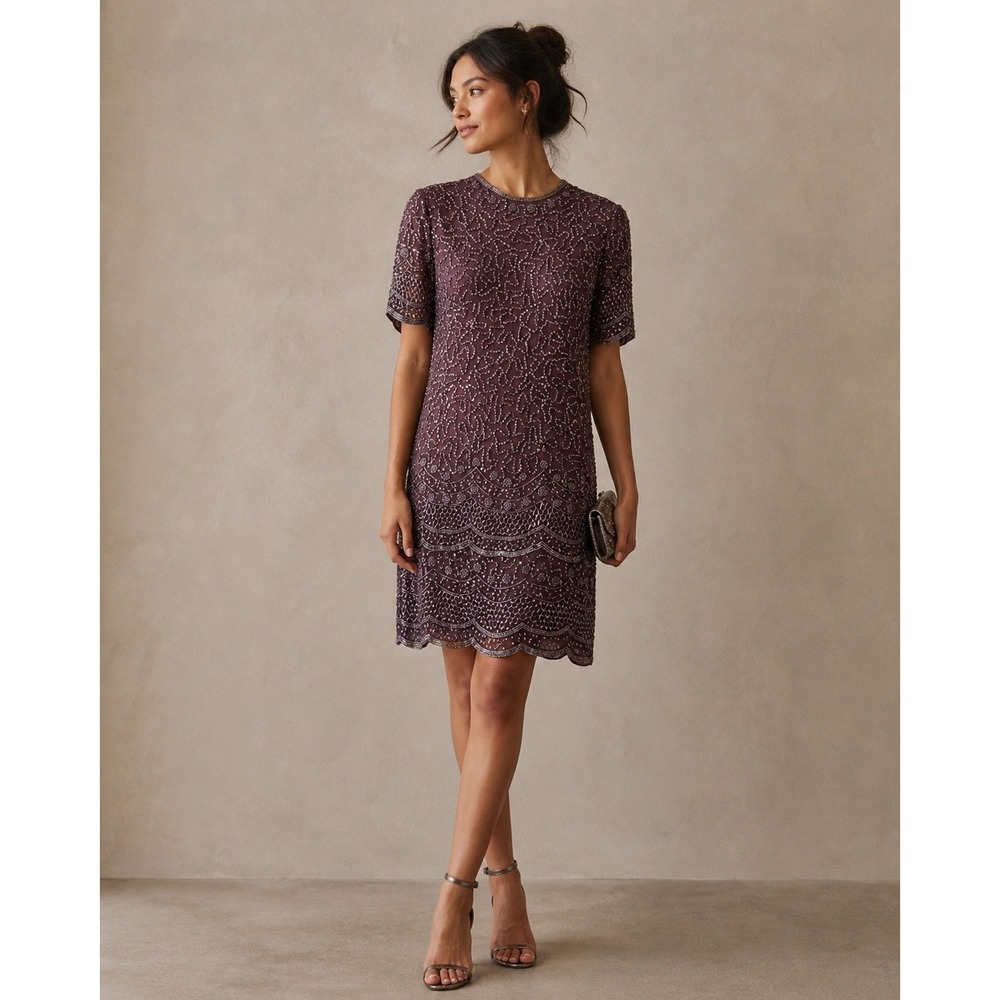 Brilliante by J.A. Beaded Silk Dress Plum Scalloped Hem Size L Vintage Style